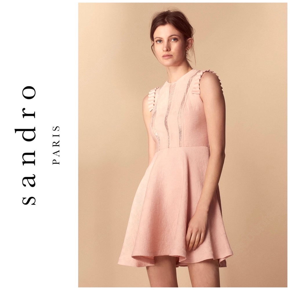 NWOT Sandro Paris Lace Inset Ruffle Dress in Blush FR 36; US 2-4 / Small - Picture 3 of 16